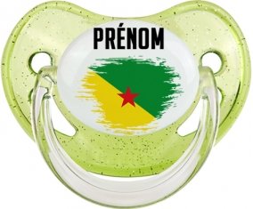 Drapeau effet pinceau Guyane Française avec prénom Tétine Physiologique Vert à paillette
