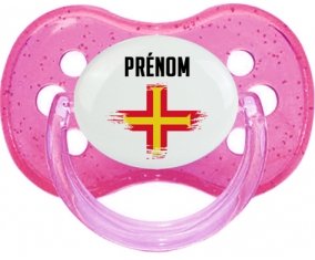 Drapeau effet pinceau Guernesey avec prénom Tétine Cerise Rose à paillette