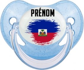 Drapeau effet pinceau Haïti avec prénom Sucette Physiologique Bleue à paillette