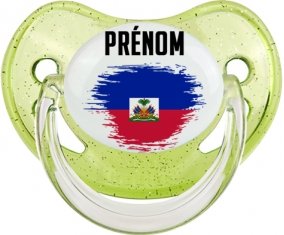 Drapeau effet pinceau Haïti avec prénom Sucette Physiologique Vert à paillette