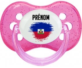 Drapeau effet pinceau Haïti avec prénom Tétine Cerise Rose à paillette