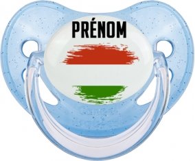 Drapeau effet pinceau Hongrie avec prénom Tétine Physiologique Bleue à paillette