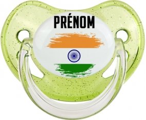Drapeau effet pinceau Inde avec prénom Sucette Physiologique Vert à paillette