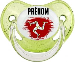 Drapeau effet pinceau Île de Man avec prénom Sucette Physiologique Vert à paillette