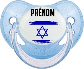 Drapeau effet pinceau Israël avec prénom Tétine Physiologique Bleue à paillette
