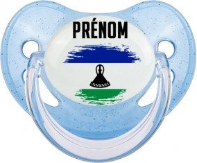 Drapeau effet pinceau Lesotho avec prénom Sucette Physiologique Bleue à paillette