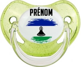 Drapeau effet pinceau Lesotho avec prénom Sucette Physiologique Vert à paillette