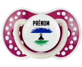 Drapeau effet pinceau Lesotho avec prénom Sucette LOVI Dynamic Fuchsia phosphorescente