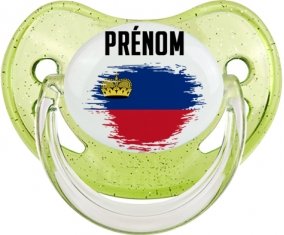 Drapeau effet pinceau Liechtenstein avec prénom Sucette Physiologique Vert à paillette