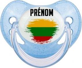 Drapeau effet pinceau Lituanie avec prénom Sucette Physiologique Bleue à paillette
