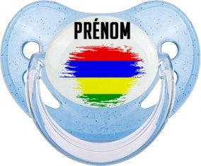 Drapeau effet pinceau Ile Maurice avec prénom Sucette Physiologique Bleue à paillette