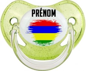 Drapeau effet pinceau Ile Maurice avec prénom Sucette Physiologique Vert à paillette