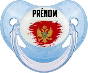 Drapeau effet pinceau Monténégro avec prénom Sucette Physiologique Bleue à paillette