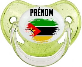 Drapeau effet pinceau Mozambique avec prénom Sucette Physiologique Vert à paillette