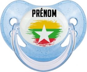 Drapeau effet pinceau Myanmar avec prénom Sucette Physiologique Bleue à paillette