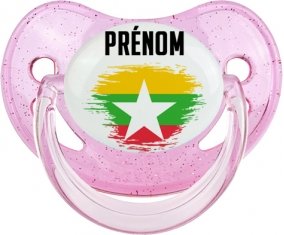 Drapeau effet pinceau Myanmar avec prénom Sucette Physiologique Rose à paillette