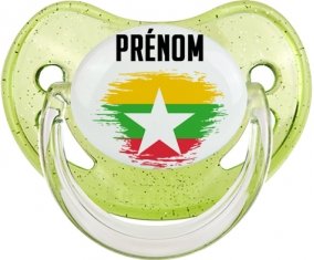 Drapeau effet pinceau Myanmar avec prénom Sucette Physiologique Vert à paillette