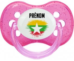 Drapeau effet pinceau Myanmar avec prénom Tétine Cerise Rose à paillette