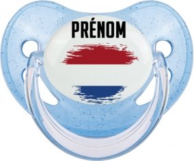 Drapeau effet pinceau Pays-Bas avec prénom Sucette Physiologique Bleue à paillette