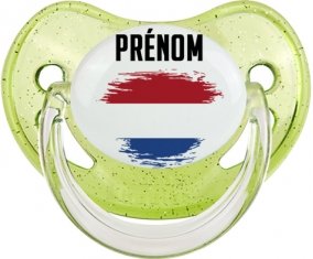 Drapeau effet pinceau Pays-Bas avec prénom Sucette Physiologique Vert à paillette