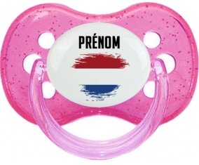 Drapeau effet pinceau Pays-Bas avec prénom Tétine Cerise Rose à paillette