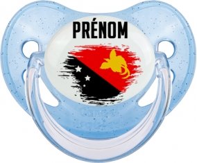 Drapeau effet pinceau Papouasie Nouvelle Guinée avec prénom Sucette Physiologique Bleue à paillette