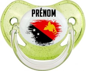 Drapeau effet pinceau Papouasie Nouvelle Guinée avec prénom Sucette Physiologique Vert à paillette