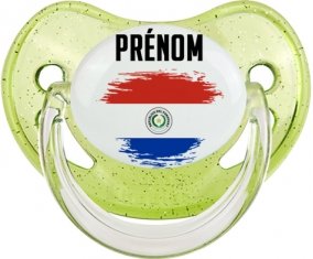 Drapeau effet pinceau Paraguay avec prénom Tétine Physiologique Vert à paillette