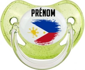 Drapeau effet pinceau Philippines avec prénom Sucette Physiologique Vert à paillette