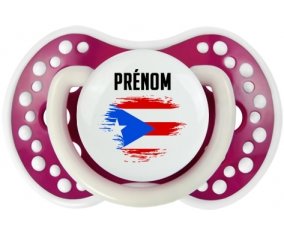 Drapeau effet pinceau Porto Rico avec prénom Tétine LOVI Dynamic Fuchsia phosphorescente