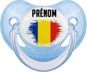 Drapeau effet pinceau Roumanie avec prénom Tétine Physiologique Bleue à paillette