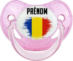 Drapeau effet pinceau Roumanie avec prénom Tétine Physiologique Rose à paillette