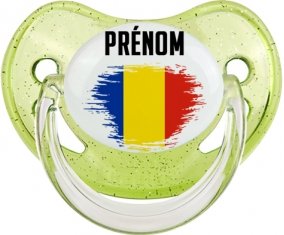 Drapeau effet pinceau Roumanie avec prénom Tétine Physiologique Vert à paillette