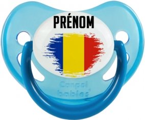 Drapeau effet pinceau Roumanie avec prénom Tétine Physiologique Bleue phosphorescente