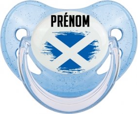Drapeau effet pinceau Écosse avec prénom Sucette Physiologique Bleue à paillette