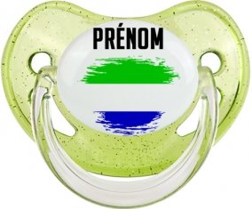 Drapeau effet pinceau Sierra Leone avec prénom Sucette Physiologique Vert à paillette
