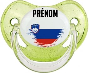 Drapeau effet pinceau Slovénie avec prénom Sucette Physiologique Vert à paillette