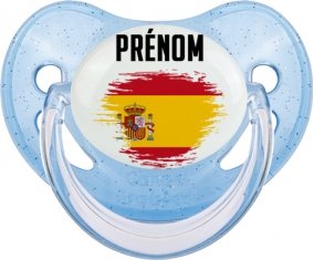 Drapeau effet pinceau Espagne avec prénom Sucette Physiologique Bleue à paillette