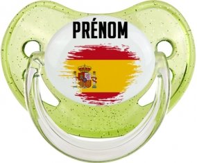 Drapeau effet pinceau Espagne avec prénom Sucette Physiologique Vert à paillette