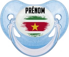 Drapeau effet pinceau Suriname avec prénom Sucette Physiologique Bleue à paillette