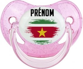 Drapeau effet pinceau Suriname avec prénom Sucette Physiologique Rose à paillette