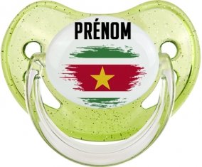 Drapeau effet pinceau Suriname avec prénom Sucette Physiologique Vert à paillette