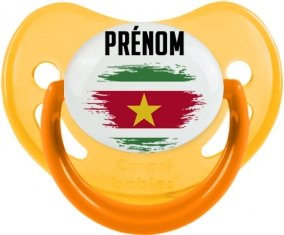 Drapeau effet pinceau Suriname avec prénom Sucette Physiologique Jaune phosphorescente