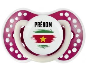 Drapeau effet pinceau Suriname avec prénom Sucette LOVI Dynamic Fuchsia phosphorescente