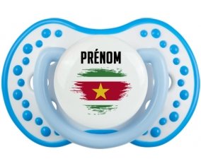 Drapeau effet pinceau Suriname avec prénom Sucette LOVI Dynamic Blanc-bleu phosphorescente