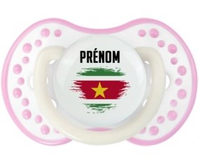 Drapeau effet pinceau Suriname avec prénom Sucette LOVI Dynamic Blanc-rose phosphorescente
