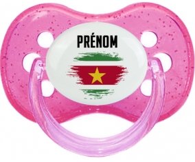 Drapeau effet pinceau Suriname avec prénom Sucette Cerise Rose à paillette