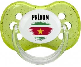 Drapeau effet pinceau Suriname avec prénom Sucette Cerise Vert à paillette