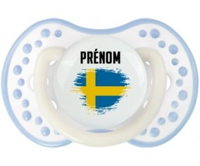 Drapeau effet pinceau Suède avec prénom Tétine LOVI Dynamic Blanc-cyan classique
