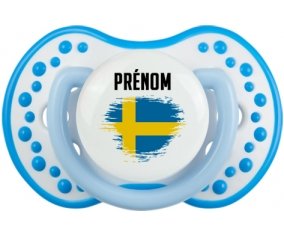 Drapeau effet pinceau Suède avec prénom Tétine LOVI Dynamic Blanc-bleu phosphorescente